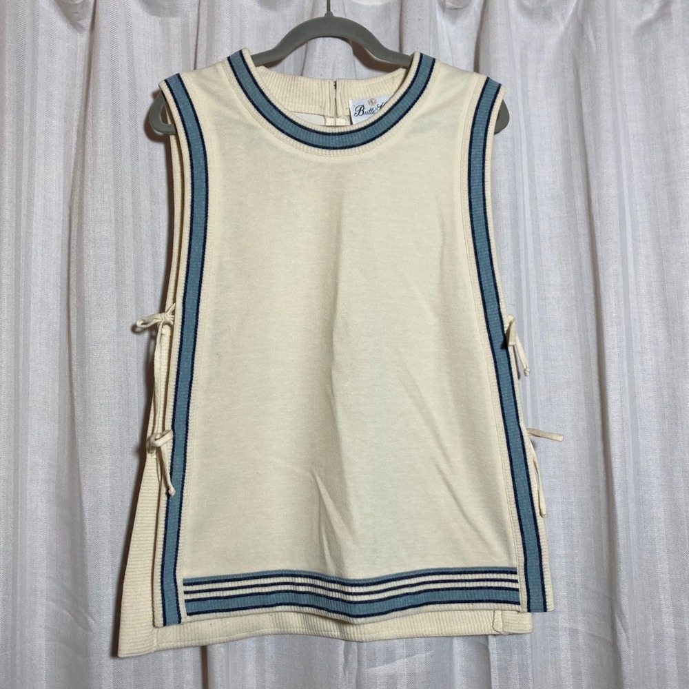 Vintage Butte Knit Women Cream Blue Striped Side Tie Sleeveless Shell Top